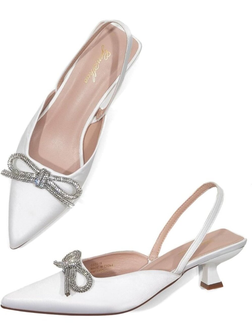 Women's White Slingback Rhinestone Bow Heels Pointed Toe Kitten Pumps Slip On